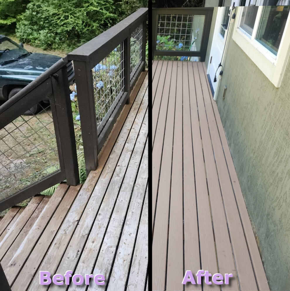 Two photos of a deck. The first photo is weathered and worn and labeled "before", the second photo is clean and refinished, labeled "after."