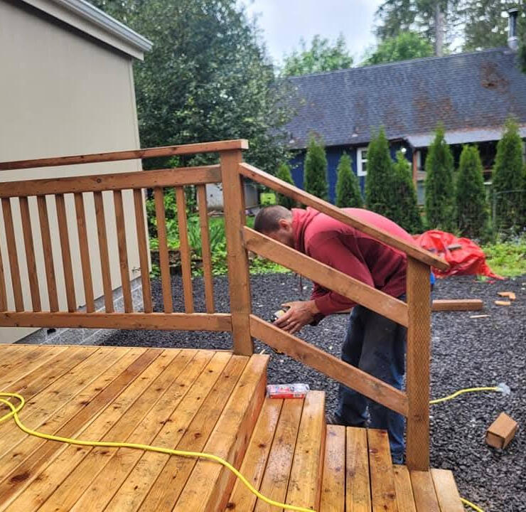 Two photos of a deck. The first photo is weathered and worn and labeled "before", the second photo is clean and refinished, labeled "after."