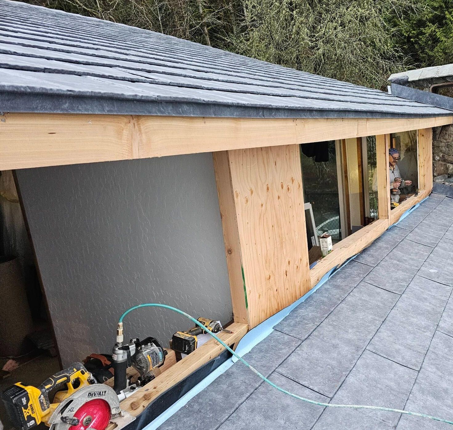 Two photos of a deck. The first photo is weathered and worn and labeled "before", the second photo is clean and refinished, labeled "after."