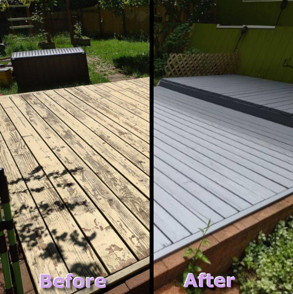 Deck Before After Two photos of a deck. The first photo is weathered and worn and labeled "before", the second photo is clean and refinished, labeled "after."